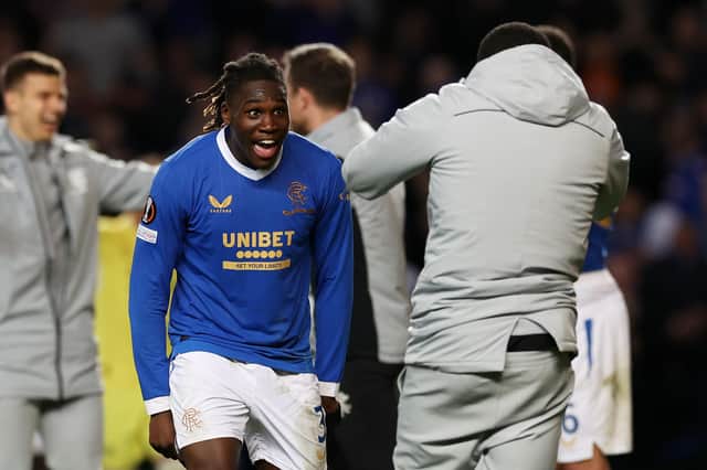 Calvin Bassey, pictured celebrating after Rangers had clinched their place in the Europa League final, has been tipped to reach the highest level of the game by his central defensive partner Connor Goldson. (Photo by Ian MacNicol/Getty Images)
