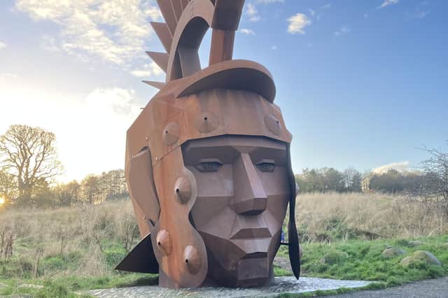 The sculpture of a Roman centurion's head, designed by artist Svetlana Kondakova, along the Antonine Wall at Croy Hill, North Lanarkshire. Pic: J Christie