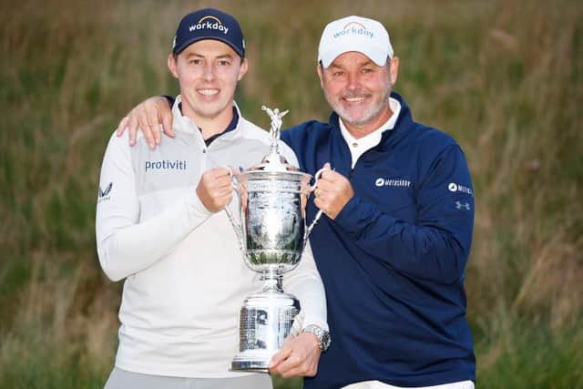 Matt Fitzpatrick and caddie Billy Foster celebrate the Englishman's US Open win at Brookline in June. Picture: Jared C. Tilton/Getty Images.