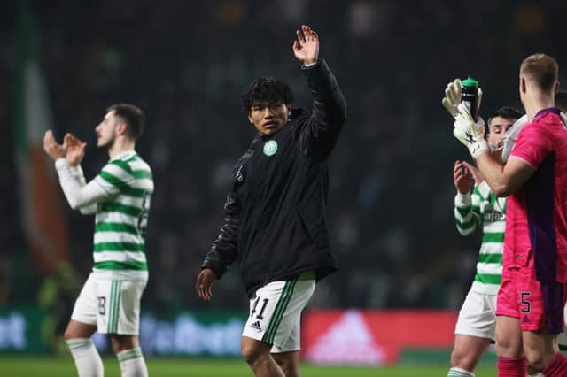 Celtic’s Reo Hatate salutes the crowd after his man of the match performance in Monday's win over Hibs that James Forrest was unable to make the Japanese speaker aware of because he was speaking "too Scottish" as he sought to do so. (Photo by Alan Harvey / SNS Group)