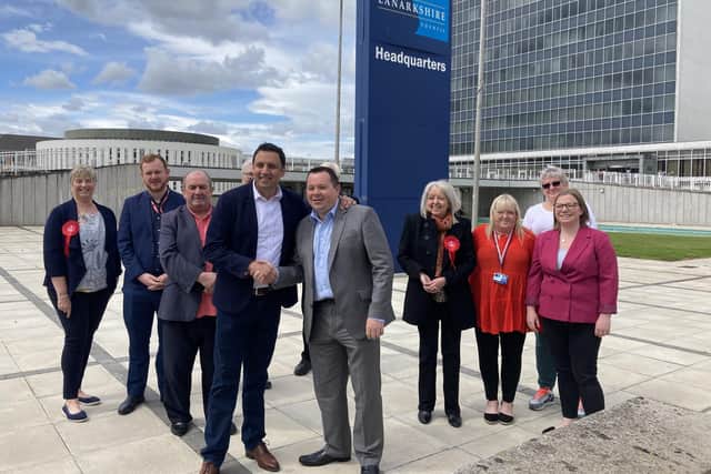 Scottish Labour LeaAnas Sarwar denies misleading voter over council coalitions as he visits South Lanarkshire Council in Hamilton on Friday.