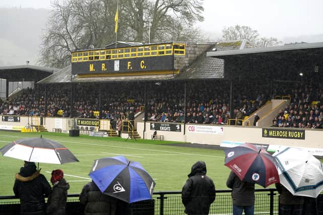Crowds in the stands at Melrose RFC during a memorial service for Doddie Weir. Picture: Andrew Milligan/PA Wire.