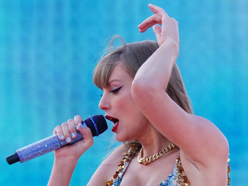 Taylor Swift performs on stage during her Eras Tour at the Murrayfield Stadium in Edinburgh.