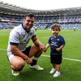 Stuart McInally with his son Oliver after the Scotland v Italy warm-up game at Scottish Gas Murrayfield. McInally has been called in the Scotland World Cup squad to replace David Cherry.  (Photo by Ben Brady/INPHO/Shutterstock)