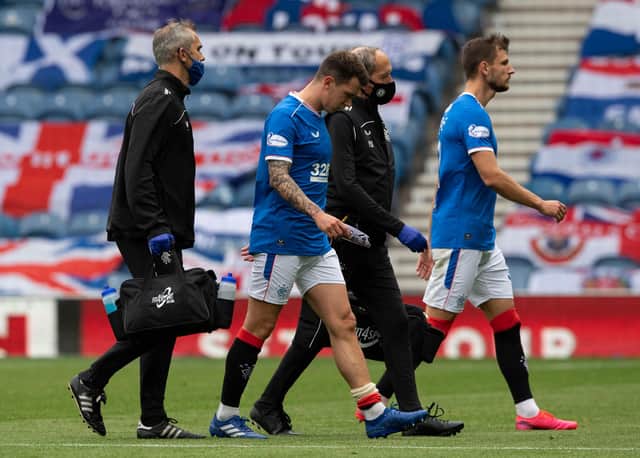 Ryan Jack was forced off with injury early in Rangers' 4-0 win over Dundee United. Picture: SNS