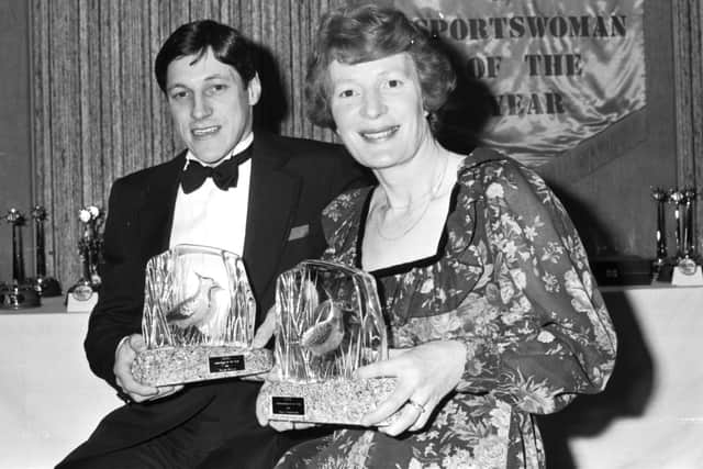 Athlete Allan Wells and golfer Belle Robertson win the Scottish Skol Sportsman and Sportswoman of the Year 1981 Awards in January 1982. Picture: Denis Straughan