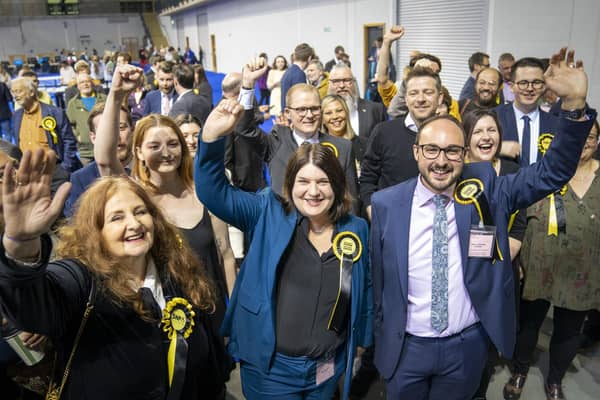 The SNP's Susan Aitken celebrates at the Glasgow City Council count at the Emirates Arena. Picture: Jane Barlow/PA Wire
