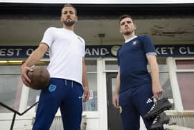 Ahead of the historic match, Scotland captain Andy Robertson and England captain Harry Kane visited the West of Scotland Cricket Ground in Glasgow, where the first meeting between the sides took place in 1872. Pic: Scottish FA /PA Wire.