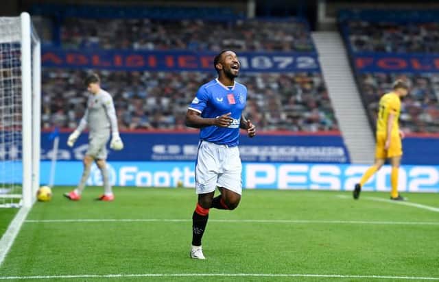 Jermain Defoe celebrates the 300th goal of his club career in Rangers' 2-0 win over Livingston at Ibrox. (Photo by Rob Casey / SNS Group)