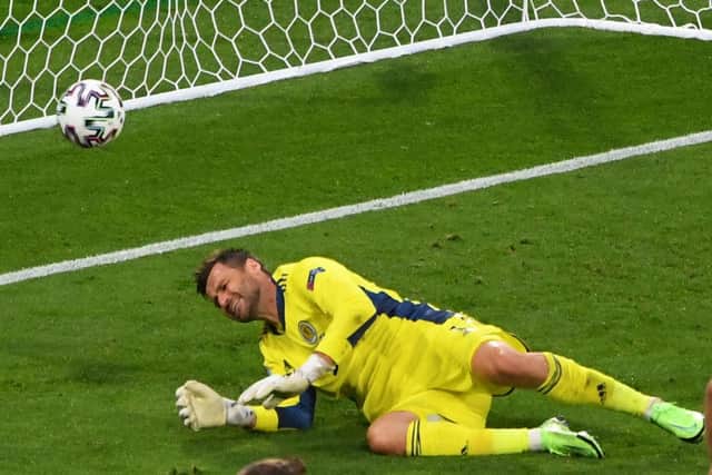 Scotland's goalkeeper David Marshall reacts after conceding a second goal during the UEFA EURO 2020 Group D football match between Croatia and Scotland at Hampden Park in Glasgow on June 22, 2021. (Photo by ANDY BUCHANAN / POOL / AFP) (Photo by ANDY BUCHANAN/POOL/AFP via Getty Images)