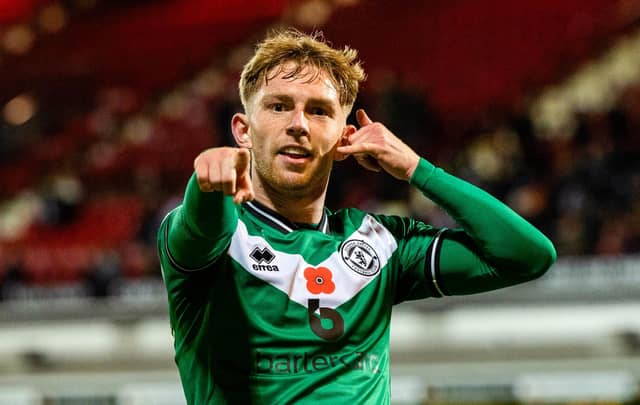 Kai Fotheringham celebrates scoring to make it 1-0 Dundee United away at Dunfermline.