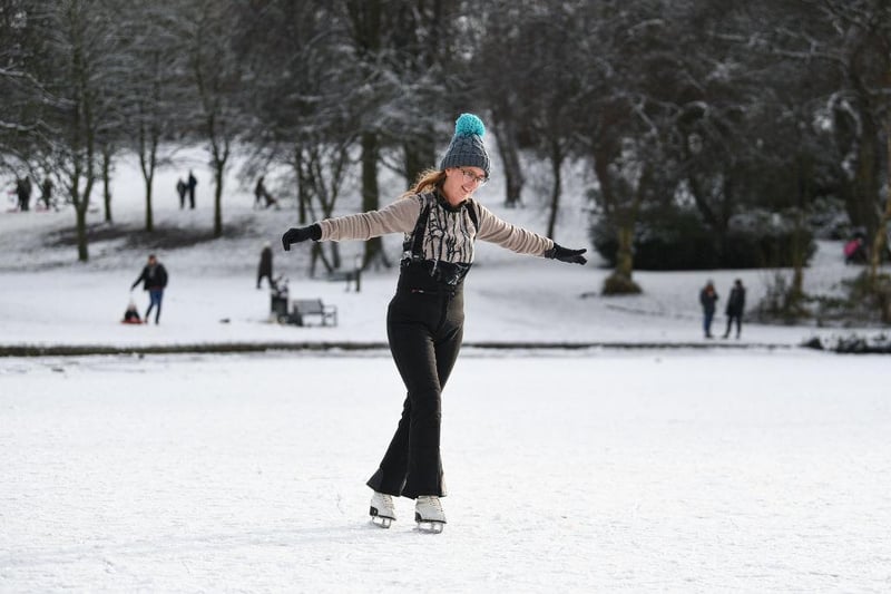 Members of the public take to ice skating on Queen’s Park frozen pond in Glasgow.