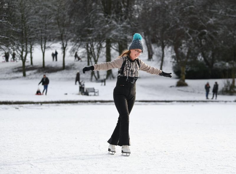Members of the public take to ice skating on Queen’s Park frozen pond in Glasgow.