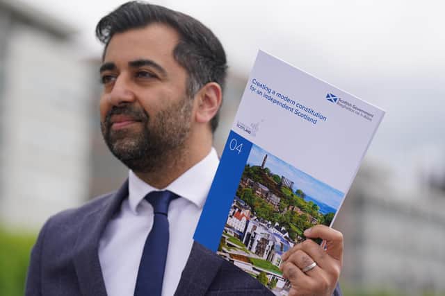 First Minister Humza Yousaf at the launch of the latest Building a New Scotland prospectus paper, which details plans for a new written constitution to be created by people in Scotland, at Atlantic Quay, Glasgow.