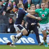 James Lowe of Ireland hands off Kyle Steyn of Scotland during the Six Nations Rugby match between Scotland and Ireland at Murrayfield Stadium on March 12, 2023 in Edinburgh, Scotland. (Photo by David Rogers/Getty Images)