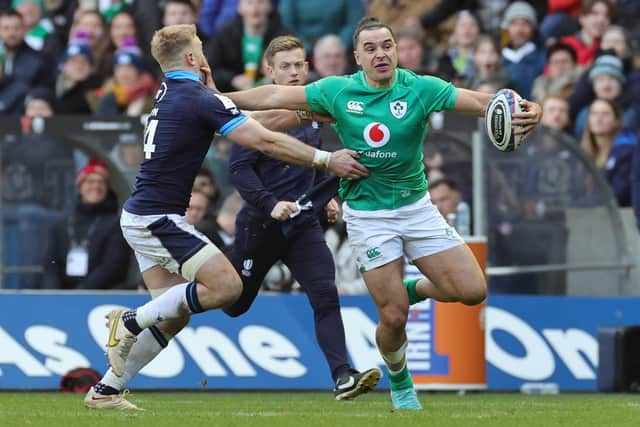 James Lowe of Ireland hands off Kyle Steyn of Scotland during the Six Nations Rugby match between Scotland and Ireland at Murrayfield Stadium on March 12, 2023 in Edinburgh, Scotland. (Photo by David Rogers/Getty Images)