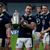 Stuart Hogg celebrates with the Calcutta Cup after Scotland's 11-6 win over England at Twickenham last year. (Photo by Craig Williamson / SNS Group)