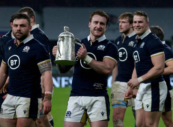 Stuart Hogg celebrates with the Calcutta Cup after Scotland's 11-6 win over England at Twickenham last year. (Photo by Craig Williamson / SNS Group)