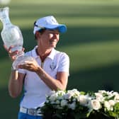 Catriona Matthew holds the Solheim Cup after leading Team Europe to glory in Ohio.