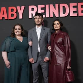 Richard Gadd (centre), the star and creator of 'Baby Reindeer', poses with cast members Jessica Gunning (left) and Nava Mau at a photo call for the Netflix miniseries at the Directors Guild of America on Tuesday in Los Angeles. Picture: AP Photo/Chris Pizzello