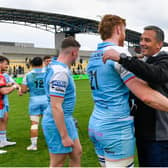 Glasgow Warriors head coach Franco Smith with Gregor Brown after the win over Zebre in Parma on Saturday. Pic: Luca Sighniolfi/INPHO/Shutterstock (14452500ap)