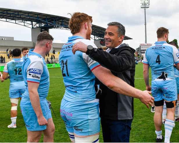 Glasgow Warriors head coach Franco Smith with Gregor Brown after the win over Zebre in Parma on Saturday. Pic: Luca Sighniolfi/INPHO/Shutterstock (14452500ap)