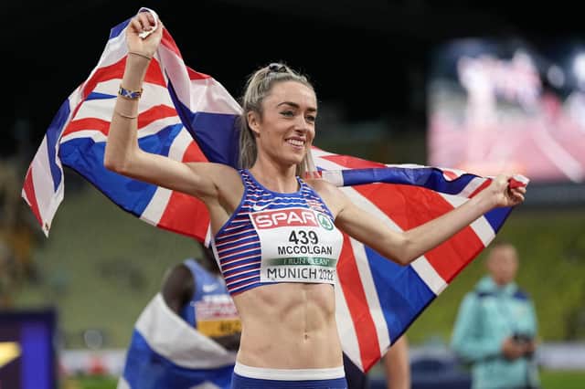Eilish McColgan poses after winning the silver medal in the Women's 10,000 meters during the athletics competition in the Olympic Stadium at the European Championships in Munich, Germany.