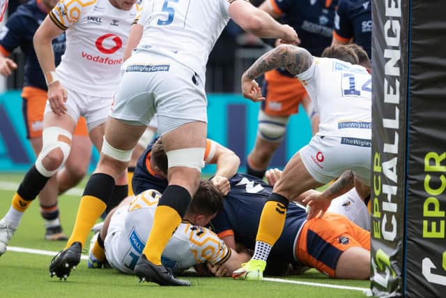 Edinburgh's Adam McBurney (hidden) goes over for a first half try against Wasps. (Photo by Ross Parker / SNS Group)