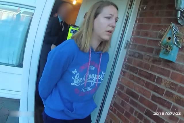 An image issued by Cheshire Constabulary of the arrest of Lucy Letby. Picture: Cheshire Constabulary/PA Wire
