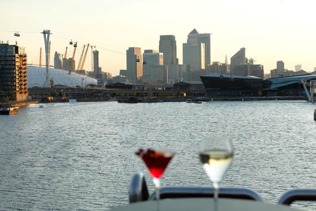 A view of entertainment hub The O2 and Canary Wharf from the superyacht. Pic: Contributed