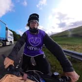 Lady Bathurst, 58, is narrowly missed by an overtaking car whilst cycling for charity. Picture: Tom Wakefield/Cotswold TV/SWNS