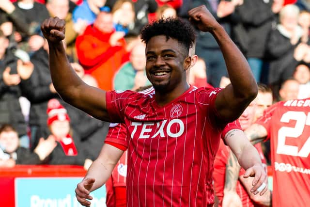 Luis Lopes - or Duk as he is known - celebrates one of his 13 goals for Aberdeen following his summer arrival from Benfica.  (Photo by Paul Byars / SNS Group)