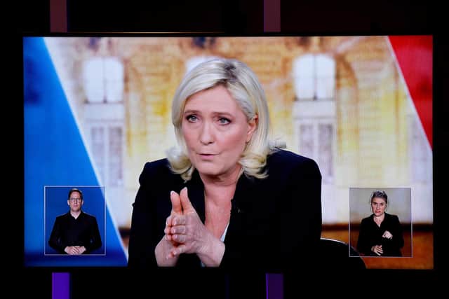 French far-right party Rassemblement National (RN) presidential candidate Marine Le Pen during a live televised debate with French President Photo by Ludovic Marin/AFP via Getty Images