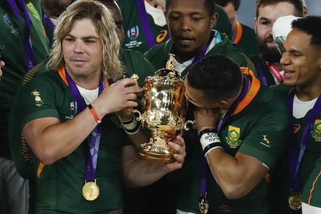 World Cup-winning scrum-half Faf de Klerk, left, will win his 50th cap against Scotland. Picture: AFP via Getty Images