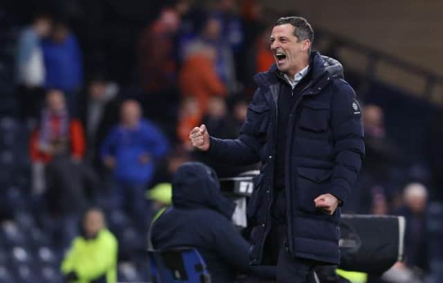 Hibernian manager Jack Ross celebrates at full-time after his team defeated Rangers 3-1 in the Premier Sports Cup semi-final at Hampden. (Photo by Alan Harvey / SNS Group)