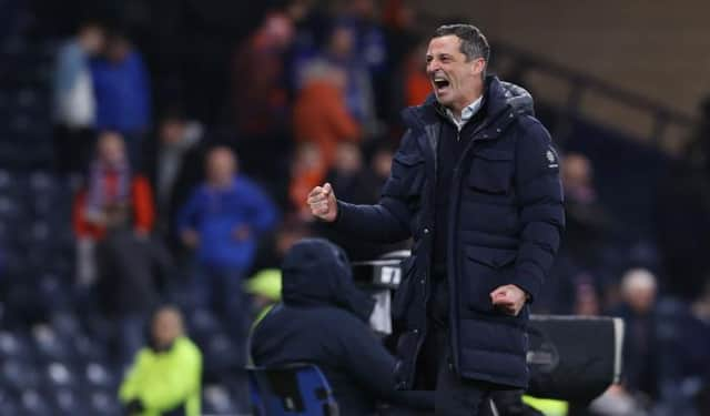 Hibernian manager Jack Ross celebrates at full-time after his team defeated Rangers 3-1 in the Premier Sports Cup semi-final at Hampden. (Photo by Alan Harvey / SNS Group)