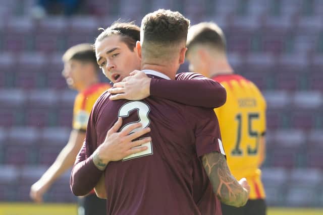 Hearts' Jamie Walker celebrates his opening goal with Jamie Brandon during the pre-season friendly win over Partick Thistle at Tynecastle. Photo by Mark Scates / SNS Group