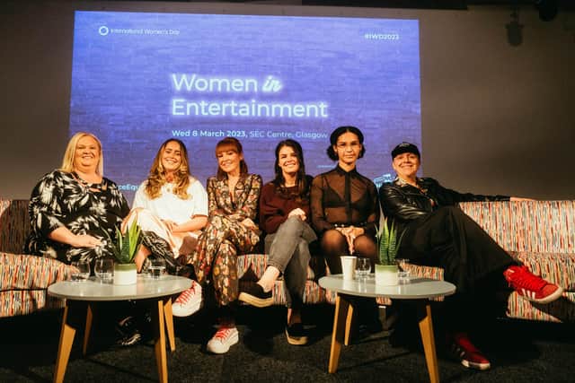 Karen Dunbar (far right) was speaking at a “Women in Entertainment” event in Glasgow, along with the SEC’s head of ticketing Julie Carson, Gogglebox star Roisin Kelly, STV presenter Laura Boyd, DF Concerts project and event manager Katt Lingard and DJ and producer Taahliah..
Picture: Michael Hunter