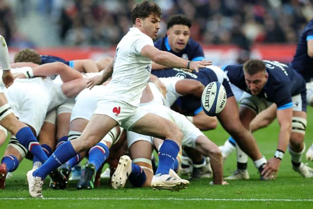 Antoine Dupont in action for France against Scotland during the Six Nations match at the Stade de France in February. The scrum-half has the ability to kick off either foot. (Photo by David Rogers/Getty Images)