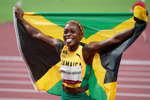 Jamaica's Elaine Thompson-Herah celebrates winning the women's 100 metres final at the Olympic Stadium. Picture: Mike Egerton/PA Wire