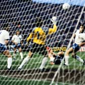 Scotland striker Mo Johnston (grounded) sees his spectacular effort go in against Cyprus