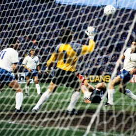 Scotland striker Mo Johnston (grounded) sees his spectacular effort go in against Cyprus