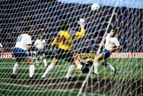 Scotland striker Mo Johnston (grounded) sees his spectacular effort go in against Cyprus