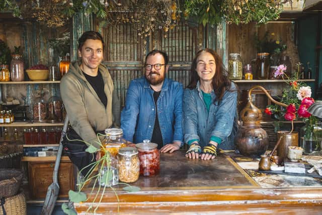 Banjo Beale and two of his design team, Tom Reade and Lisa McKenna, at the apothecary on Harris which features in Designing the Hebrides. Pic: Shelley Richmond