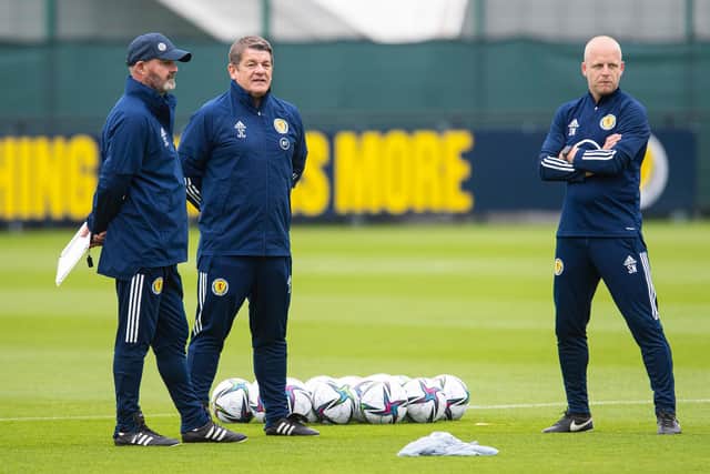 Steve Clarke, John Carver and Steven Naismith during a training session at the Oriam.