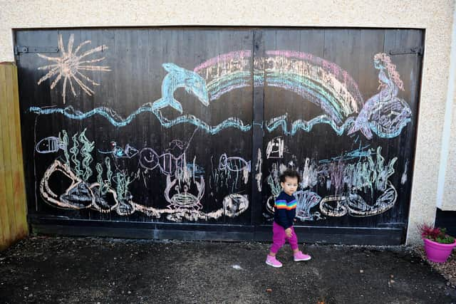 Eilidh presents her latest garage door masterpiece. Picture: Michael Gillen.