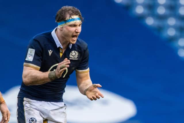 Jamie Ritchie tries to fire up his Scotland team mates during the defeat to Ireland at BT Murrayfield (Photo by Craig Williamson / SNS Group)