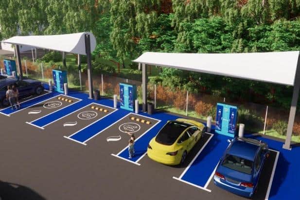 As well as producing park benches, picnic tables and bus shelters from waste turbines, ReBlade is working on canopies for a new electric vehicle charging hub in Dundee – as seen in this artist's impression