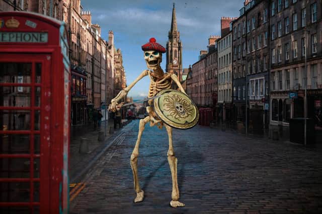 A visiting skeleton from Jason and the Argonauts ventures up a deserted Royal Mile ahead of Edinburgh's tourism sector reopening on Monday. Image: National Galleries of Scotland