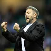 Hibs manager Lee Johnson celebrates the 4-2 win over Celtic.